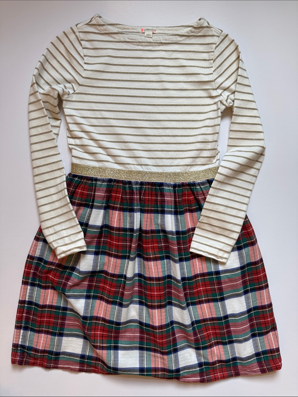 Crewcut Girls' Striped Cream & Gold Top with Red Plaid Skirt